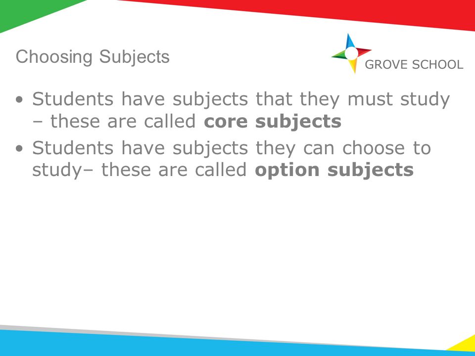 Choosing Subjects Students have subjects that they must study – these are called core subjects Students have subjects they can choose to study– these are called option subjects