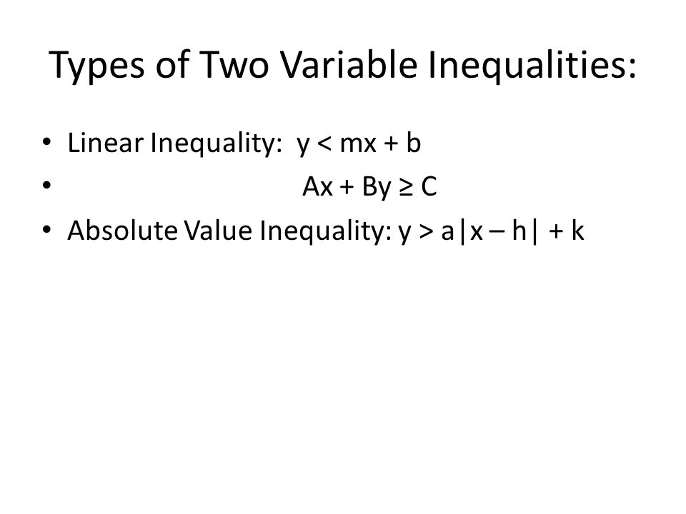 Types of Two Variable Inequalities: Linear Inequality: y < mx + b Ax + By ≥ C Absolute Value Inequality: y > a|x – h| + k