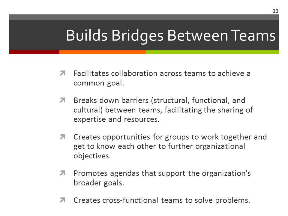 Builds Bridges Between Teams  Facilitates collaboration across teams to achieve a common goal.