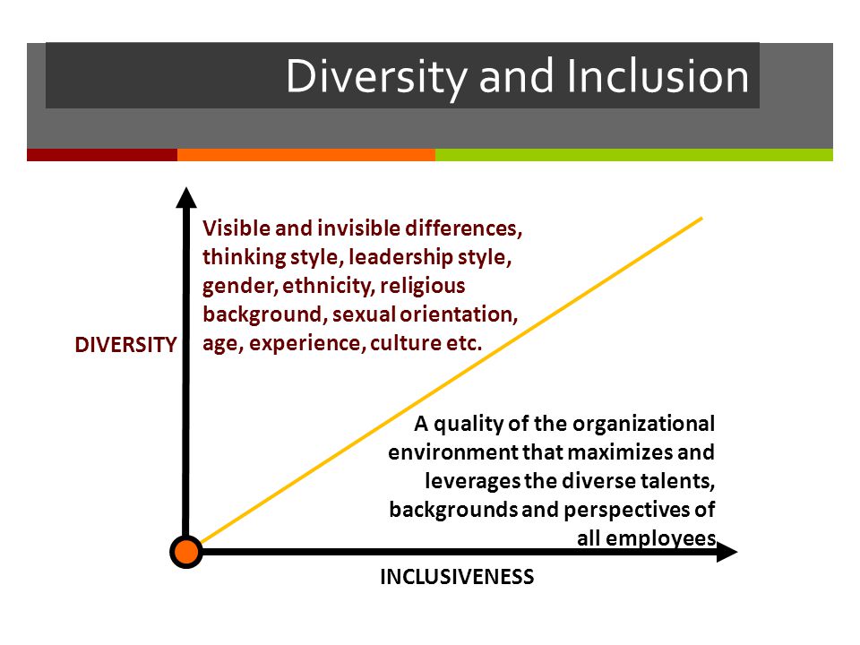 Diversity and Inclusion INCLUSIVENESS DIVERSITY Visible and invisible differences, thinking style, leadership style, gender, ethnicity, religious background, sexual orientation, age, experience, culture etc.