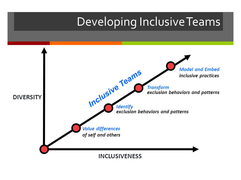 Developing Inclusive Teams 33 INCLUSIVENESS DIVERSITY 4-B Value differences of self and others Identify exclusion behaviors and patterns Model and Embed inclusive practices 4 Inclusive Teams Transform exclusion behaviors and patterns