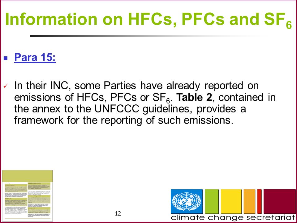 12 Information on HFCs, PFCs and SF 6 Para 15: In their INC, some Parties have already reported on emissions of HFCs, PFCs or SF 6.