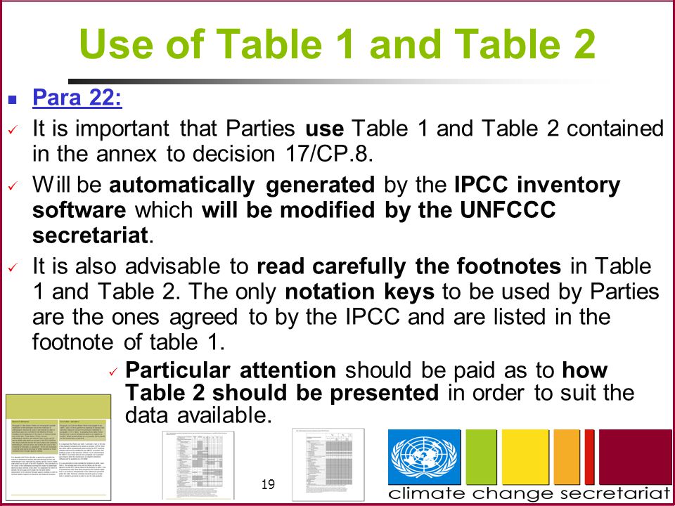 19 Use of Table 1 and Table 2 Para 22: It is important that Parties use Table 1 and Table 2 contained in the annex to decision 17/CP.8.
