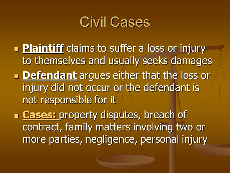 Plaintiff claims to suffer a loss or injury to themselves and usually seeks damages Plaintiff claims to suffer a loss or injury to themselves and usually seeks damages Defendant argues either that the loss or injury did not occur or the defendant is not responsible for it Defendant argues either that the loss or injury did not occur or the defendant is not responsible for it Cases: property disputes, breach of contract, family matters involving two or more parties, negligence, personal injury Cases: property disputes, breach of contract, family matters involving two or more parties, negligence, personal injury Cases: Cases: