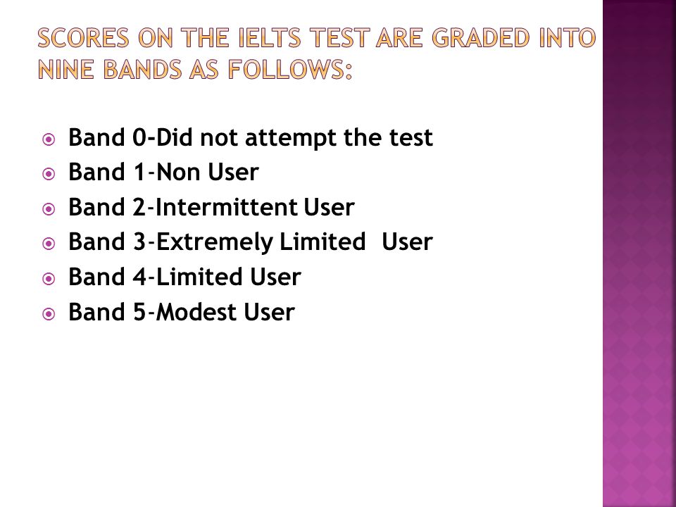  Band 0-Did not attempt the test  Band 1-Non User  Band 2-Intermittent User  Band 3-Extremely Limited User  Band 4-Limited User  Band 5-Modest User