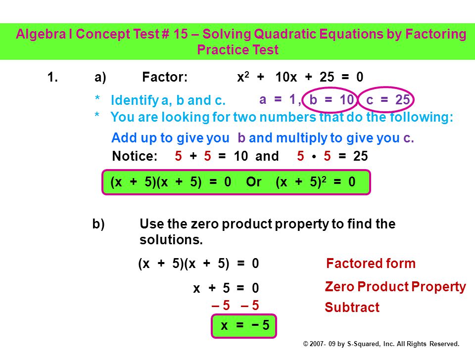 Algebra I Concept Test 15 Solving Quadratic Equations By 2 Algebra I Concept Test 15 Solving Quadratic Equations By Factoring Practice 1 A Factor X 10x 25 0 Identify