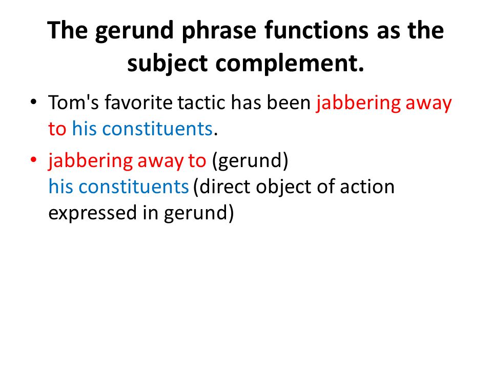 The gerund phrase functions as the subject complement.