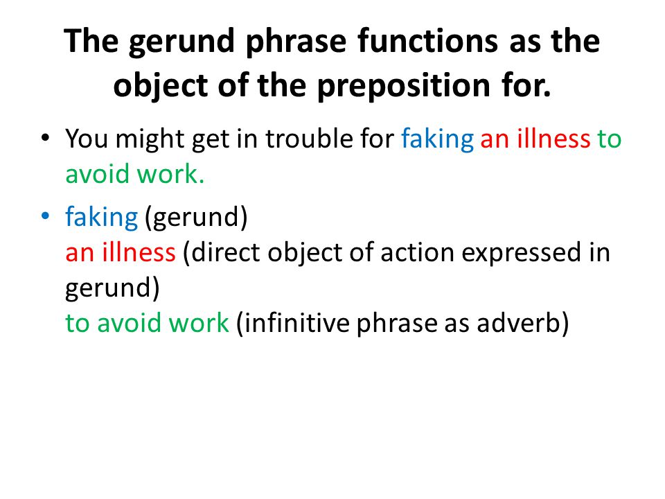 The gerund phrase functions as the object of the preposition for.
