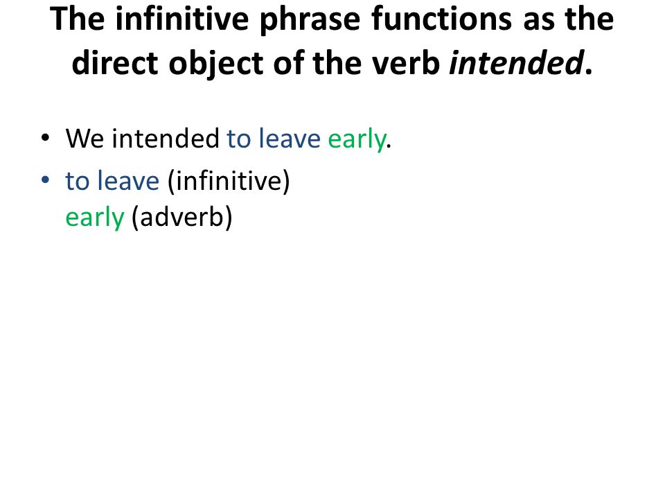 The infinitive phrase functions as the direct object of the verb intended.
