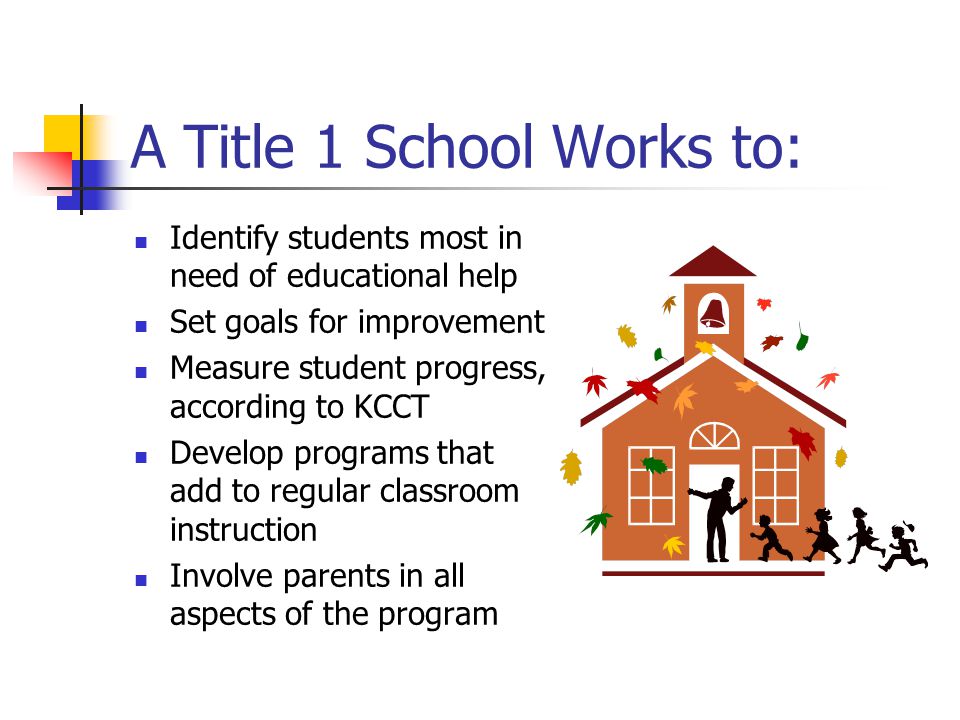 A Title 1 School Works to: Identify students most in need of educational help Set goals for improvement Measure student progress, according to KCCT Develop programs that add to regular classroom instruction Involve parents in all aspects of the program