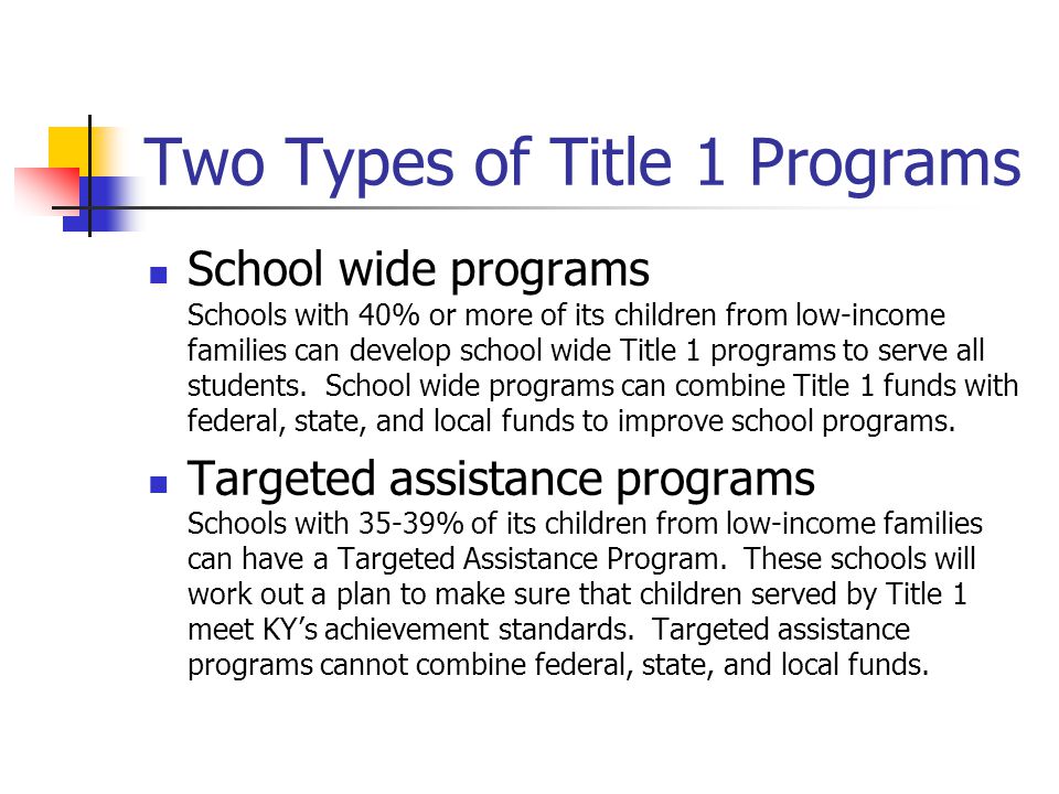 Two Types of Title 1 Programs School wide programs Schools with 40% or more of its children from low-income families can develop school wide Title 1 programs to serve all students.