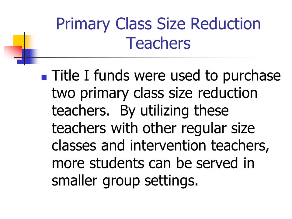 Primary Class Size Reduction Teachers Title I funds were used to purchase two primary class size reduction teachers.