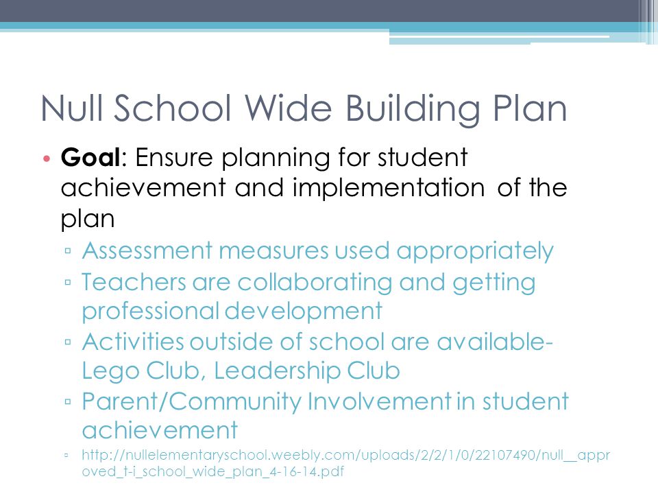 Null School Wide Building Plan Goal : Ensure planning for student achievement and implementation of the plan ▫ Assessment measures used appropriately ▫ Teachers are collaborating and getting professional development ▫ Activities outside of school are available- Lego Club, Leadership Club ▫ Parent/Community Involvement in student achievement ▫   oved_t-i_school_wide_plan_ pdf