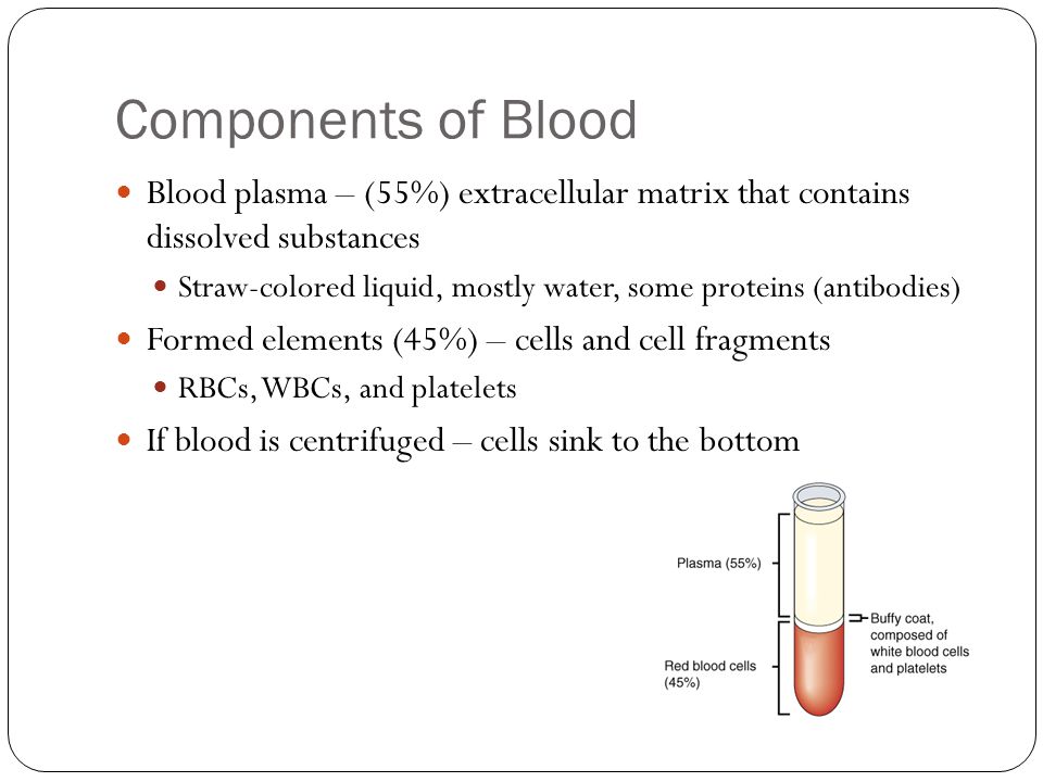 Components of Blood Blood plasma – (55%) extracellular matrix that contains dissolved substances Straw-colored liquid, mostly water, some proteins (antibodies) Formed elements (45%) – cells and cell fragments RBCs, WBCs, and platelets If blood is centrifuged – cells sink to the bottom
