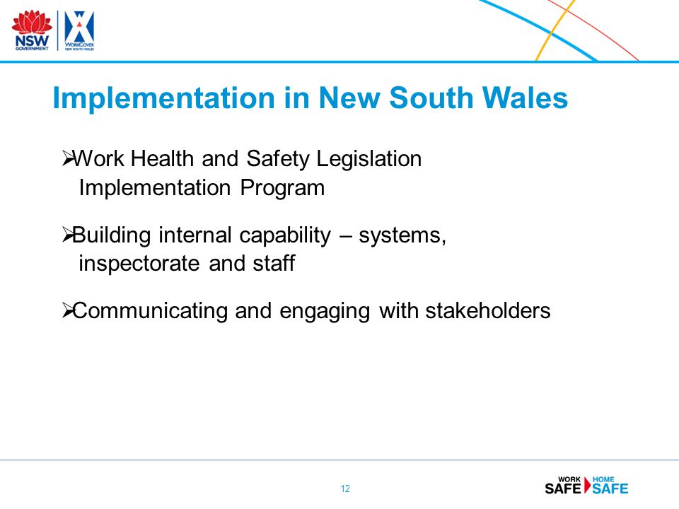 12  Work Health and Safety Legislation Implementation Program  Building internal capability – systems, inspectorate and staff  Communicating and engaging with stakeholders Implementation in New South Wales