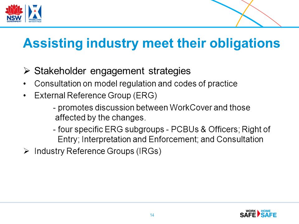  Stakeholder engagement strategies Consultation on model regulation and codes of practice External Reference Group (ERG) - promotes discussion between WorkCover and those affected by the changes.