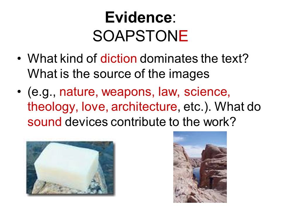 Evidence: SOAPSTONE What kind of diction dominates the text.