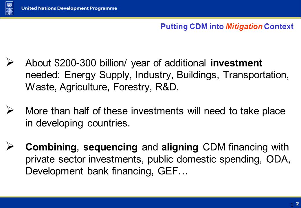 2 2 Putting CDM into Mitigation Context  About $ billion/ year of additional investment needed: Energy Supply, Industry, Buildings, Transportation, Waste, Agriculture, Forestry, R&D.