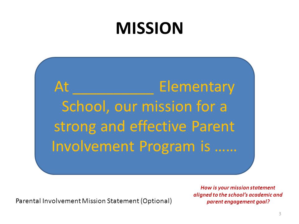 MISSION Parental Involvement Mission Statement (Optional) At __________ Elementary School, our mission for a strong and effective Parent Involvement Program is …… How is your mission statement aligned to the school’s academic and parent engagement goal.