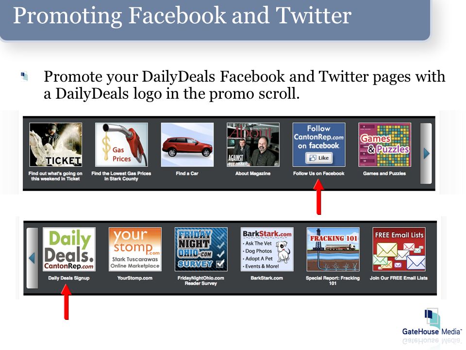 Promoting Facebook and Twitter Promote your DailyDeals Facebook and Twitter pages with a DailyDeals logo in the promo scroll.