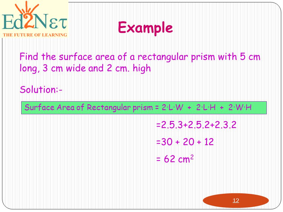 Example 12 Find the surface area of a rectangular prism with 5 cm long, 3 cm wide and 2 cm.