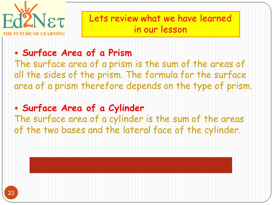 23 Surface Area of a Prism The surface area of a prism is the sum of the areas of all the sides of the prism.