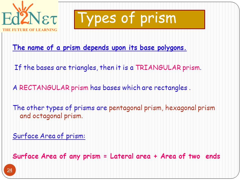 Types of prism 24 The name of a prism depends upon its base polygons.