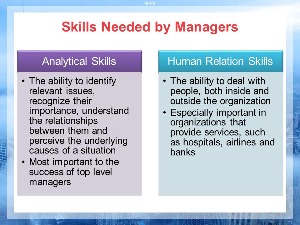 Skills Needed by Managers 6-13 Analytical Skills The ability to identify relevant issues, recognize their importance, understand the relationships between them and perceive the underlying causes of a situation Most important to the success of top level managers Human Relation Skills The ability to deal with people, both inside and outside the organization Especially important in organizations that provide services, such as hospitals, airlines and banks