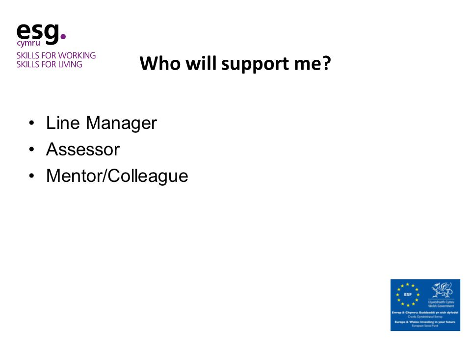 Who will support me Line Manager Assessor Mentor/Colleague