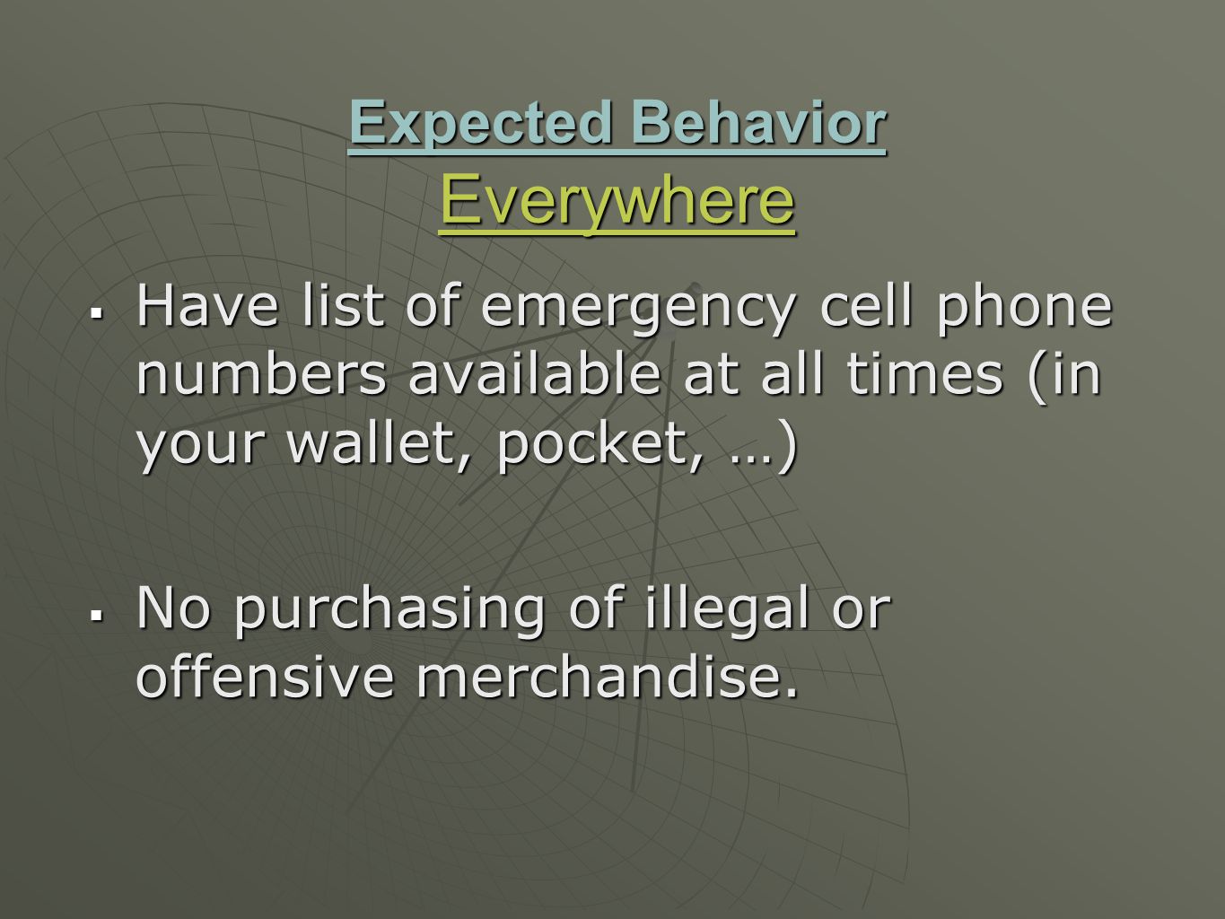 Expected Behavior Everywhere  Have list of emergency cell phone numbers available at all times (in your wallet, pocket, …)  No purchasing of illegal or offensive merchandise.