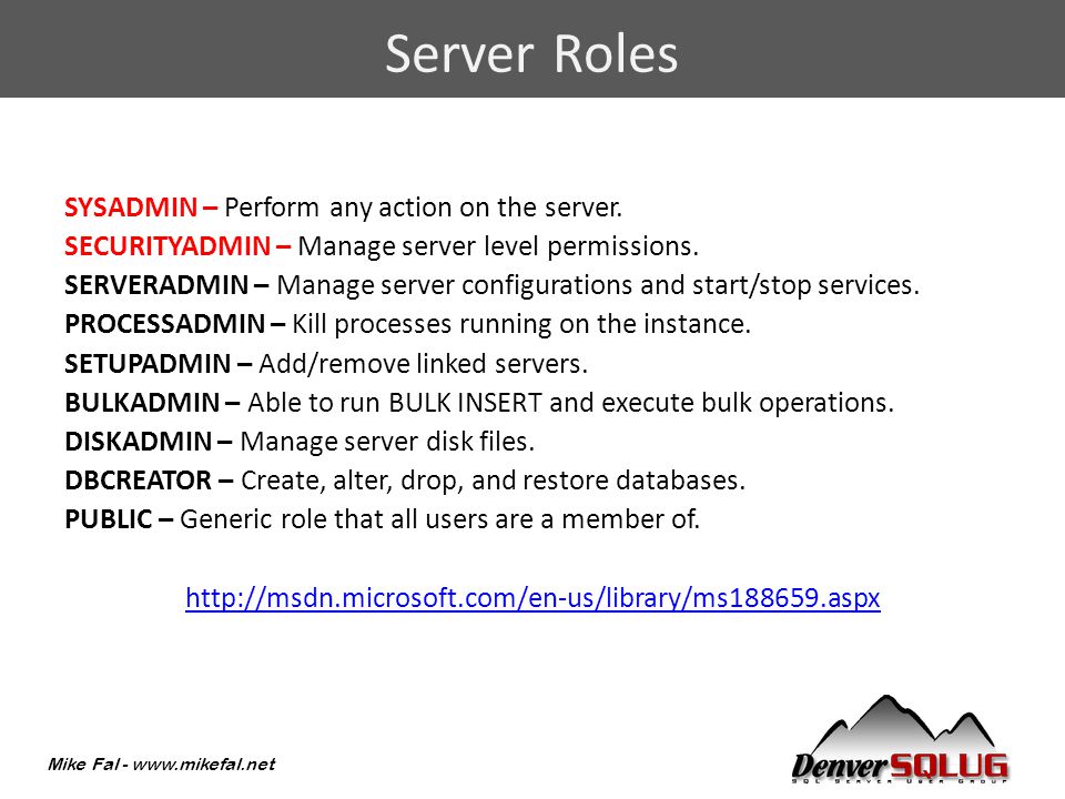 Mike Fal -   SYSADMIN – Perform any action on the server.