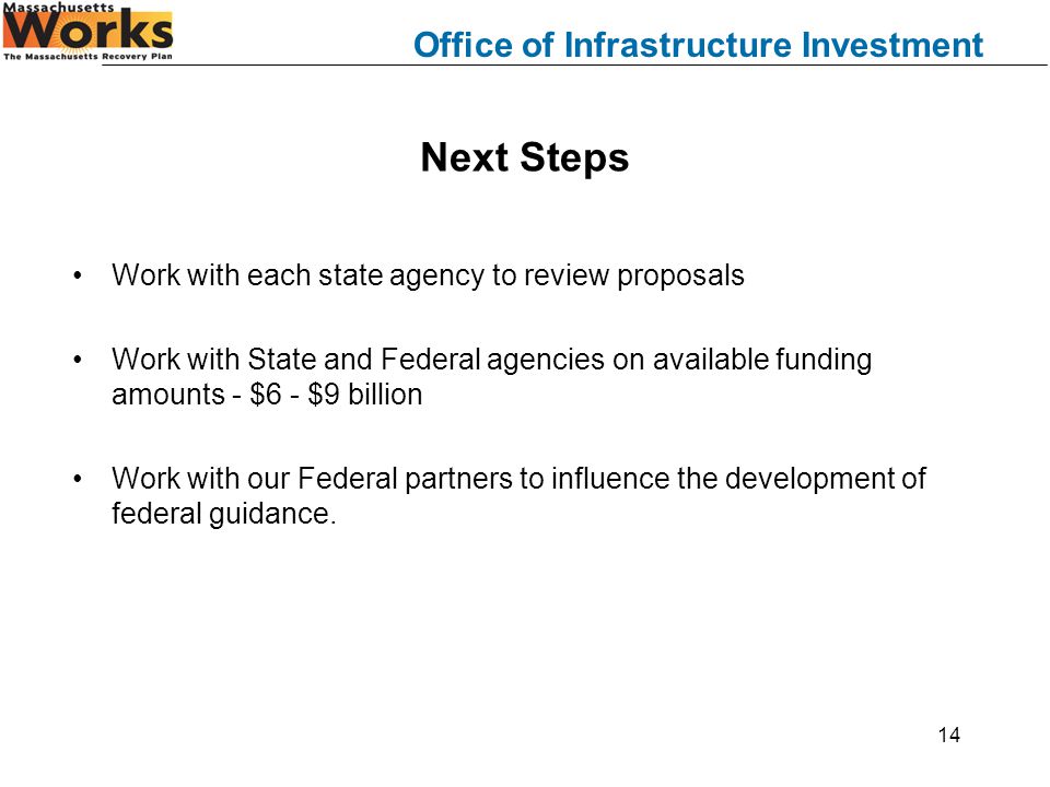 Office of Infrastructure Investment 14 Next Steps Work with each state agency to review proposals Work with State and Federal agencies on available funding amounts - $6 - $9 billion Work with our Federal partners to influence the development of federal guidance.