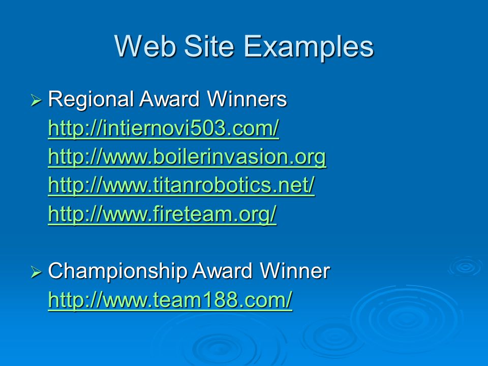 Web Site Examples  Regional Award Winners  Championship Award Winner
