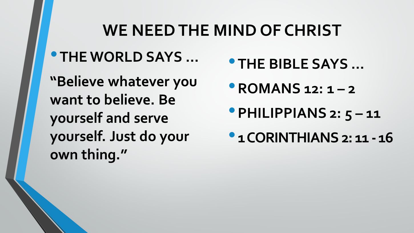 WE NEED THE MIND OF CHRIST THE WORLD SAYS … Believe whatever you want to believe.