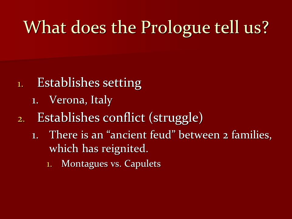 What does the Prologue tell us. 1. Establishes setting 1.Verona, Italy 2.