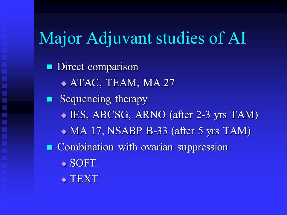 Major Adjuvant studies of AI Direct comparison Direct comparison  ATAC, TEAM, MA 27 Sequencing therapy Sequencing therapy  IES, ABCSG, ARNO (after 2-3 yrs TAM)  MA 17, NSABP B-33 (after 5 yrs TAM) Combination with ovarian suppression Combination with ovarian suppression  SOFT  TEXT