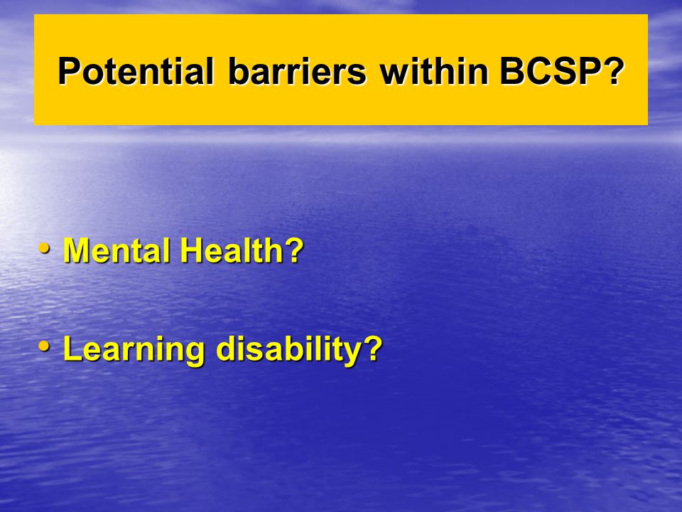 Potential barriers within BCSP. Mental Health. Mental Health.