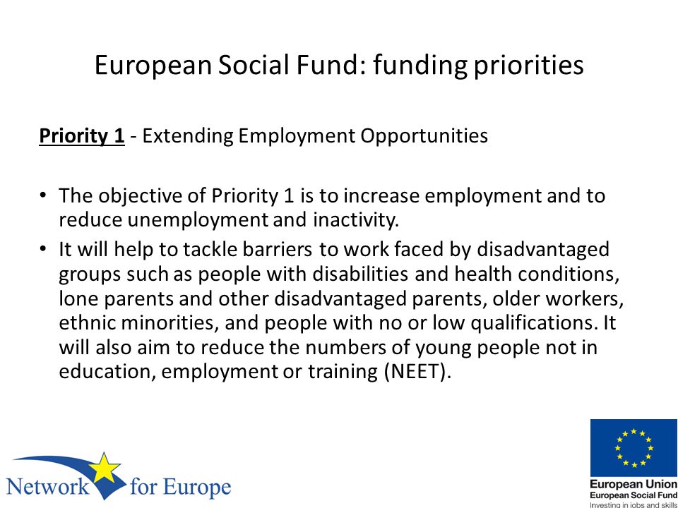 European Social Fund: funding priorities Priority 1 - Extending Employment Opportunities The objective of Priority 1 is to increase employment and to reduce unemployment and inactivity.