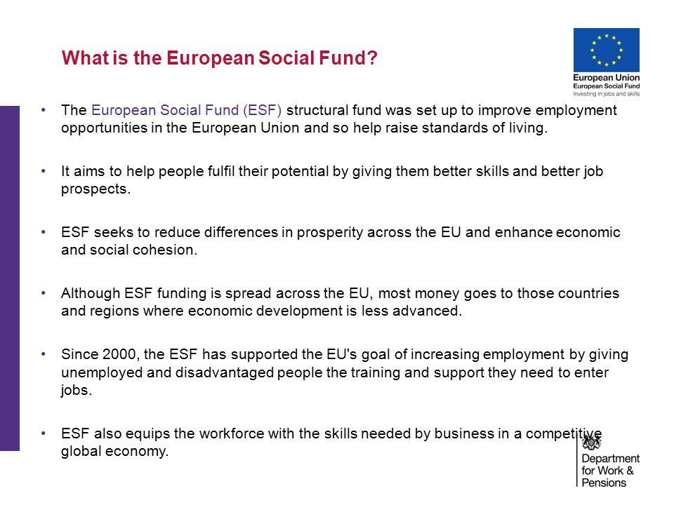 The European Social Fund (ESF) structural fund was set up to improve employment opportunities in the European Union and so help raise standards of living.