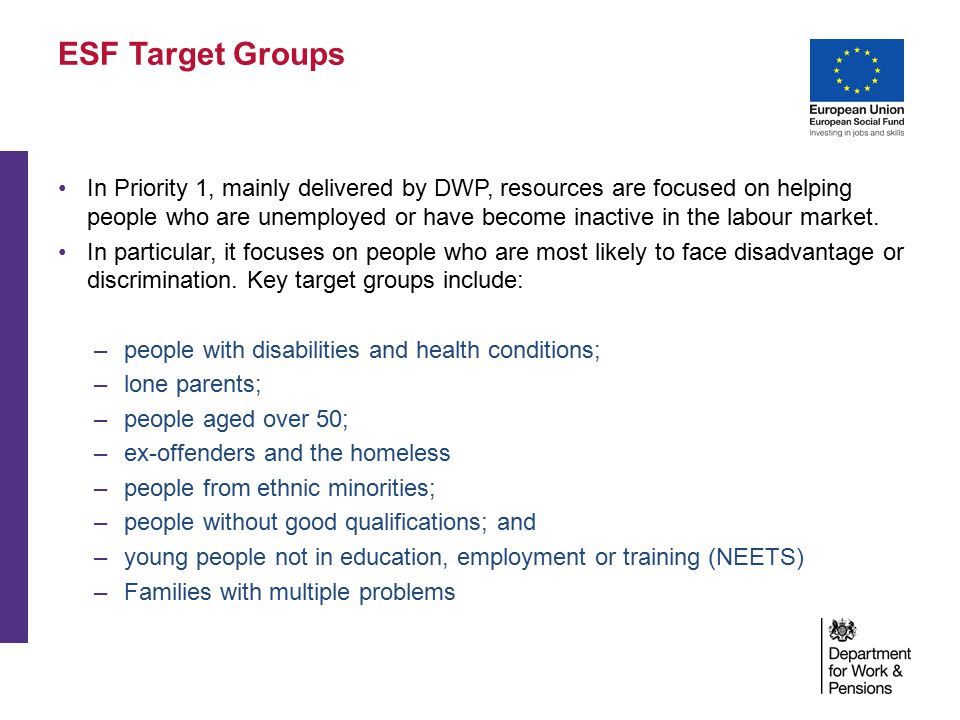 ESF Target Groups In Priority 1, mainly delivered by DWP, resources are focused on helping people who are unemployed or have become inactive in the labour market.