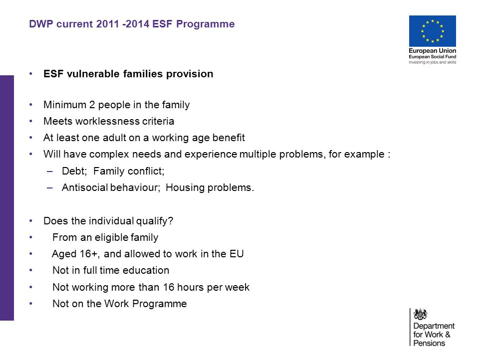DWP current ESF Programme ESF vulnerable families provision Minimum 2 people in the family Meets worklessness criteria At least one adult on a working age benefit Will have complex needs and experience multiple problems, for example : –Debt; Family conflict; –Antisocial behaviour; Housing problems.
