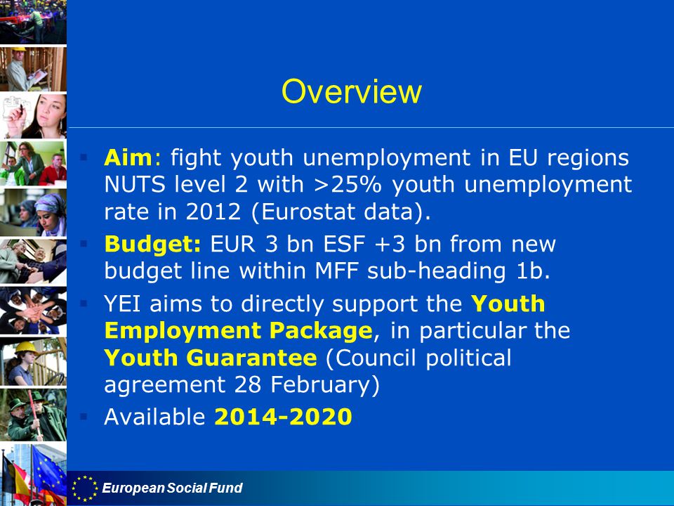 European Social Fund  Aim: fight youth unemployment in EU regions NUTS level 2 with >25% youth unemployment rate in 2012 (Eurostat data).