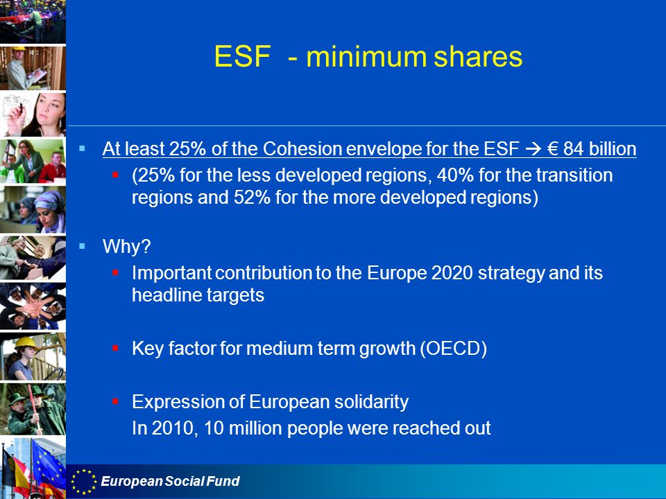 European Social Fund ESF - minimum shares  At least 25% of the Cohesion envelope for the ESF  € 84 billion  (25% for the less developed regions, 40% for the transition regions and 52% for the more developed regions)  Why.