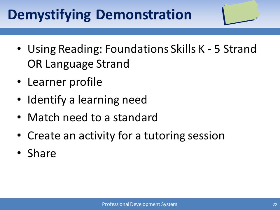 Professional Development System Demystifying Demonstration Using Reading: Foundations Skills K - 5 Strand OR Language Strand Learner profile Identify a learning need Match need to a standard Create an activity for a tutoring session Share 22