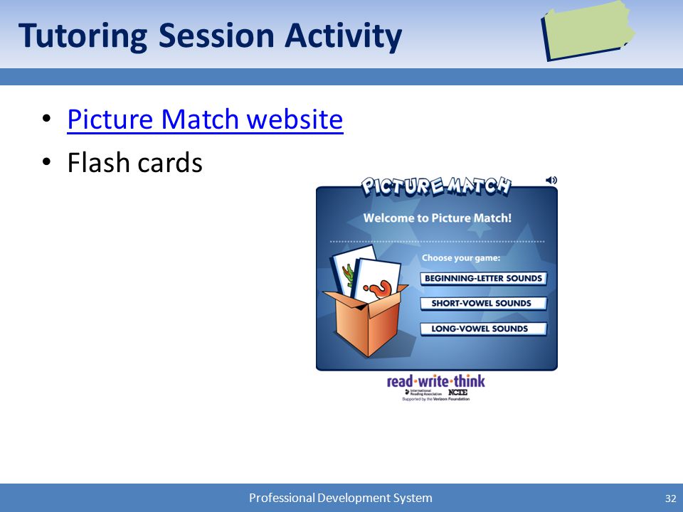 Professional Development System Tutoring Session Activity Picture Match website Flash cards 32