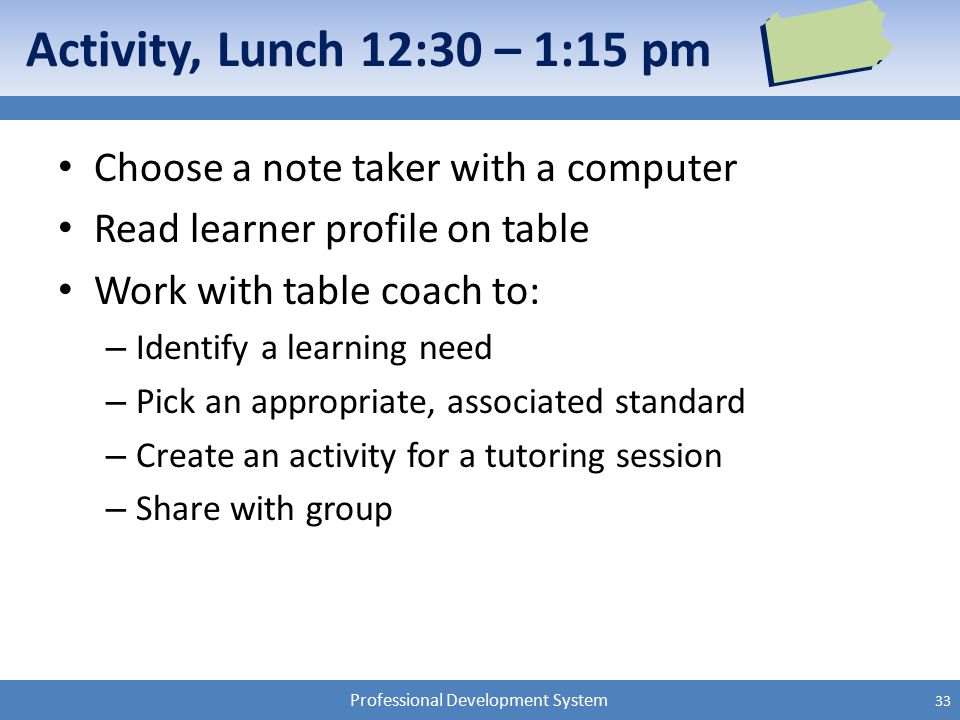 Professional Development System Activity, Lunch 12:30 – 1:15 pm Choose a note taker with a computer Read learner profile on table Work with table coach to: – Identify a learning need – Pick an appropriate, associated standard – Create an activity for a tutoring session – Share with group 33