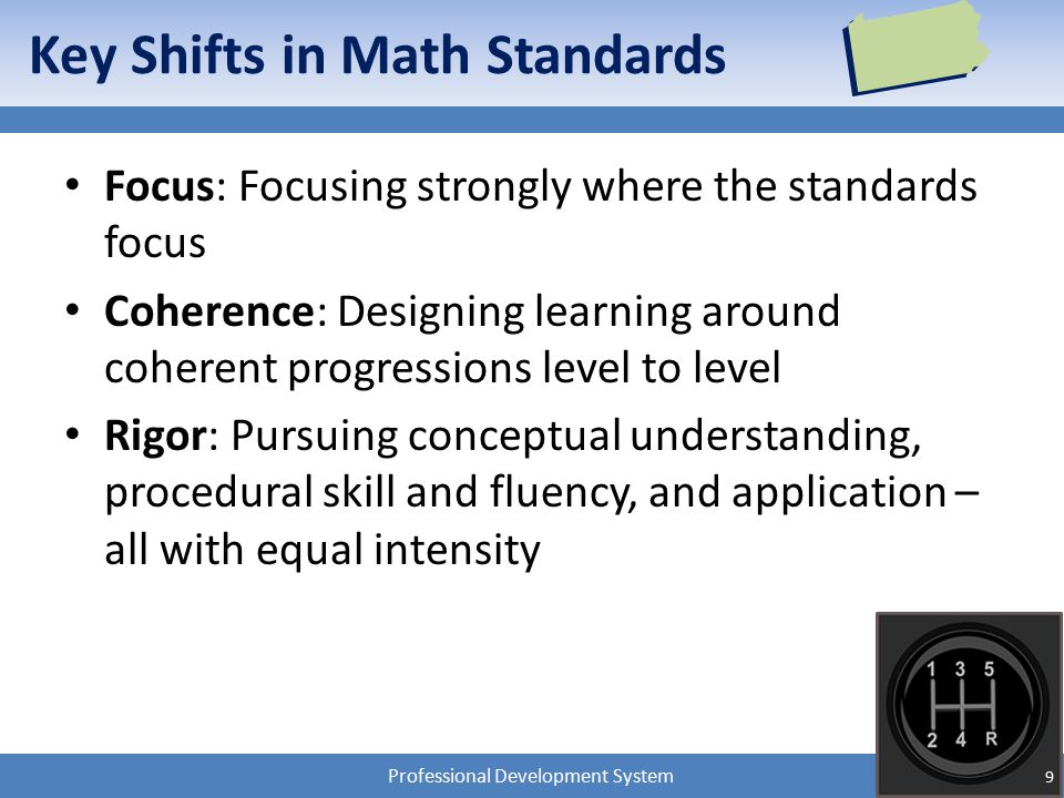 Professional Development System Key Shifts in Math Standards Focus: Focusing strongly where the standards focus Coherence: Designing learning around coherent progressions level to level Rigor: Pursuing conceptual understanding, procedural skill and fluency, and application – all with equal intensity 9