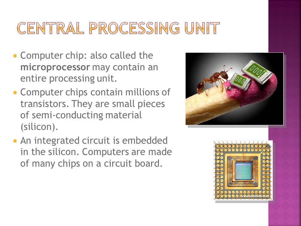  Computer chip: also called the microprocessor may contain an entire processing unit.