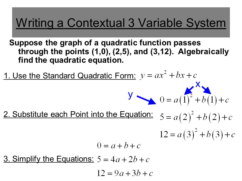 Writing a Contextual 3 Variable System Suppose the graph of a quadratic function passes through the points (1,0), (2,5), and (3,12).