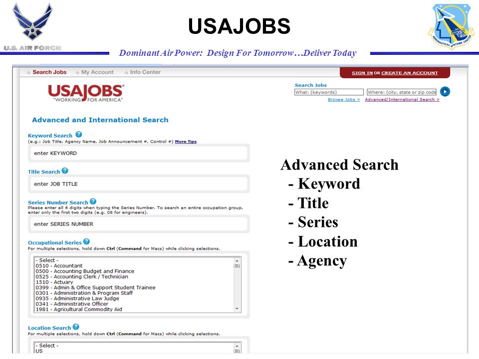 USAJOBS Advanced Search - Keyword - Title - Series - Location - Agency